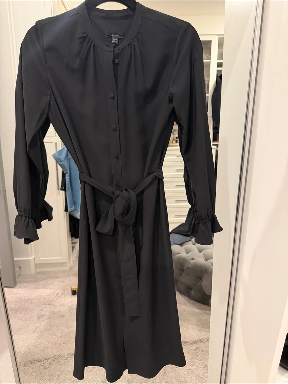 Black Knee Length Long Sleeve Button-Front Dress with Tie Waist